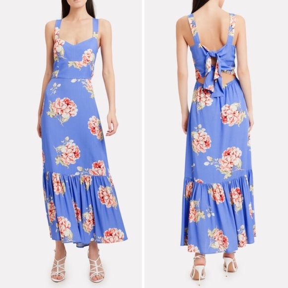 Intermix Mitzie Floral Sleeveless Dress Blue Maxi Tie Back Cutout Size 0 - Picture 3 of 10